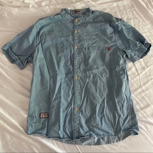 Light Denim Short Sleeve Collarless Shirt - Size S